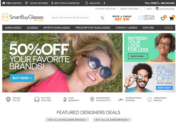 SmartBuyGlasses美国官网：太阳眼镜和眼镜